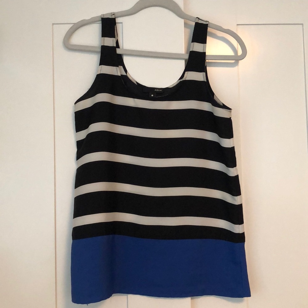 Black and white striped tank with solid blue hem